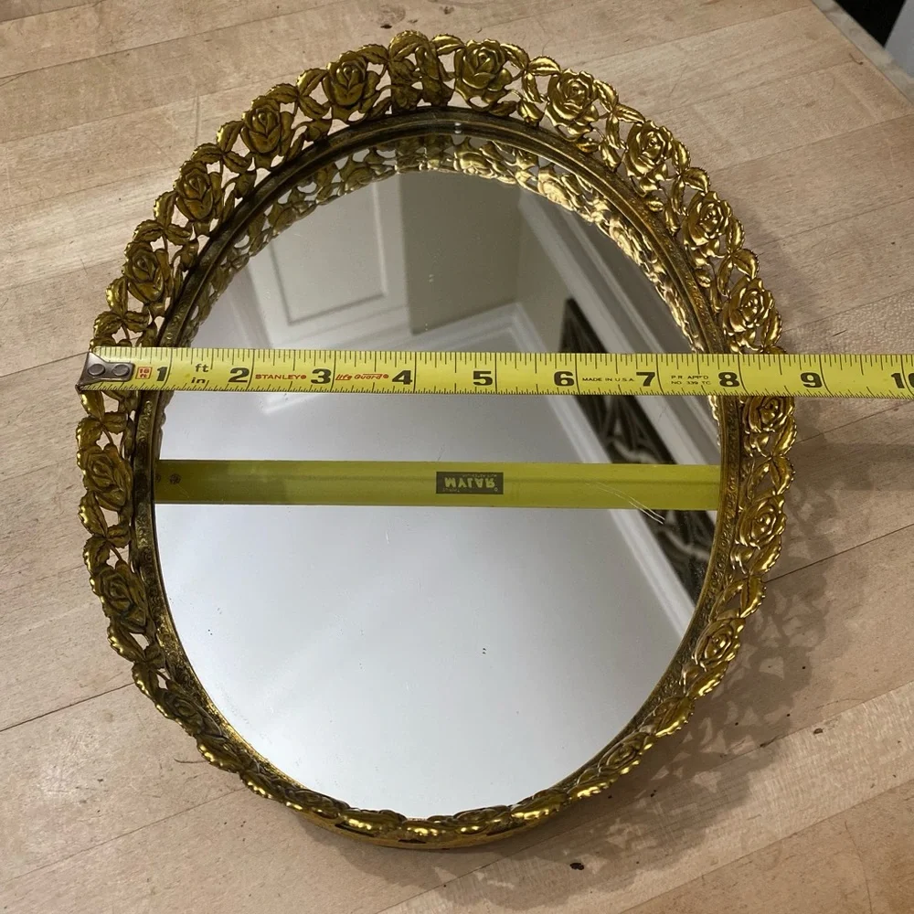 Vintage Oval Vanity Tray Gold Filigree with Rose Pattern Mirrored 12” x 8.75”